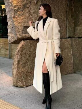 NWT White Australian Wool Blend Classic Belted Long Winter Wrap Coat
